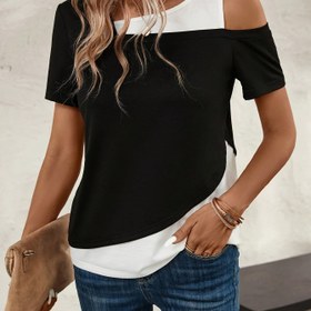 Resim Renk Bloğu Asimetrik T-Shirt, İlkbahar ve Yaz İçin Rahat Soğuk Omuz Kısa Kollu T-Shirt, Kadın Giyim 
