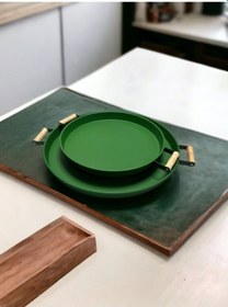 Resim 2'li Ahşap Kulplu 45 Cm Yeşil Metal Tepsi Ve 37 Cm Yeşil Kahve Sunum Tepsisi Yeşil 