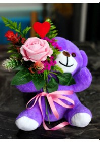 Resim Kucağında Pembe Gül Buketi Tutan 25cm Sevimli Peluş Ayıcık Sevdiklerinize Hediye Mor Pembe 