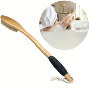 Resim Uzun Saplı Ergonomik Ahşap Banyo Fırçası - Islak veya Kuru Kullanım için Doğal Kıllı Peeling Skrabı, Kaymaz Tutma Yeri 