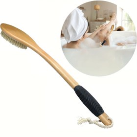 Resim Uzun Saplı Ergonomik Ahşap Banyo Fırçası - Islak veya Kuru Kullanım için Doğal Kıllı Peeling Skrabı, Kaymaz Tutma Yeri 