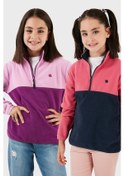 Resim Lela Yumuşak Dokulu Yarım Fermuarlı Renk Bloklu Dik Yaka 2'Li Paket Çocuk Polar 5905004S2 Fuşya Lacivert-Şeker Pembe Mor 