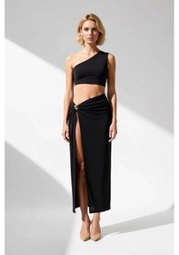 Resim Benerly Kadın Tek Omuz Bodycon Midi Plaj Elbisesi Döküm Aksesuar Detaylı Siyah 