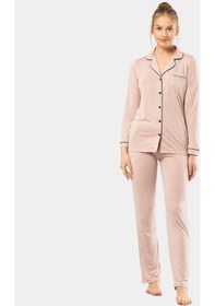 Resim Türen Düz Uzun Kollu Gömlek Yaka Pijama Takım 3365/pudra 001 
