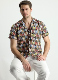 Resim Açık Kırmızı Kısa Kol Slim Fit Baskılı Pamuk Gömlek 