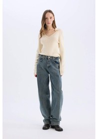 Resim DeFacto Coool Slim Fit Dar Kesim Polo Yaka Crop Triko Kazak X4929AZ25SPER103 Ekru 