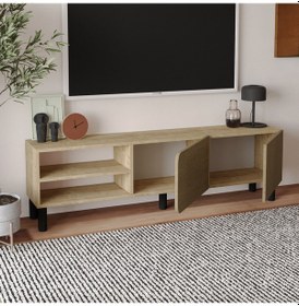 Resim İnarch Dizayn River 150 Cm Modern Tv Sehpası Kapaklı Ve Raflı Tasarım Safir Meşe 