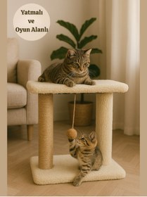 Resim Komano Pontika Peluş Dokulu Yumuşacık 2 Katlı Oturma/Yatmalı Kedi Tırmalama Tahtası 44 cm Soft Sevilen Renkler 