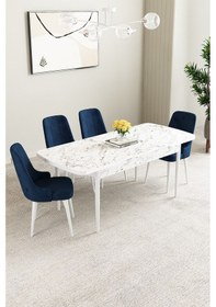 Resim Mabel Beyaz Mermer Desen 80x132 Açılabilir Mdf Masa Yemek Odası Takımı,mutfak Takımı 4 Adet Sandalye Lacivert 
