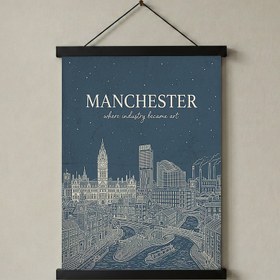 Resim Manchester Line Art Print - Slate Blue Town Hall Industrial Skyline Wall Art - With Hanger - Black / 20 x 28" (50x70 cm) 