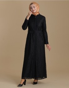 Resim Siyah Bütün Dantelli Fermuarlı Belden Kemerli Tesettür Ferace 001 
