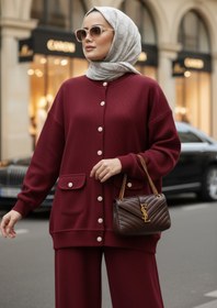 Resim Aselim Hijap Moda Oslo Selanik Kumaş Hırka İkili Takım - Oversize Kalıp - Kışlık Tesettür Takım Bordo 