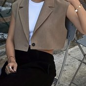 Resim Kadınların şık kolsuz yaka ceketi - Düz Renk Bej, Düğmeli Bomber Tarzı, Hafif Polyester, Bahar/Yaz Rahat Giyim, Çok Yönlü Ceket | Şık Bomber Ceket | Düğmeli Ceket 
