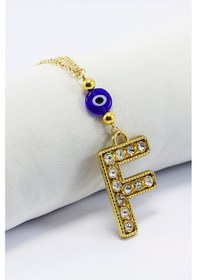 Resim Gold Renkli Parlak Taşlı Yassı Cam Nazar Boncuklu F Harfi Araba D 