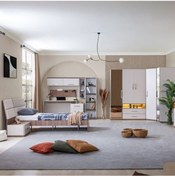 Resim Genç Odası - 5 Kapaklı Aynalı Dolap, Karyola, Komodin, Çalışma Masası, Kitaplık Beyaz 