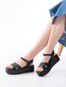 Resim 861-1005 Siyah Günlük Çapraz Dolgu Topuk Kadın Sandalet Altın - Taba 