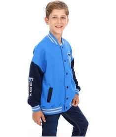 Resim Toontoy Kids Toontoy Erkek Çocuk Kolej Yaka Çıtçıt Kapama Düşük Omuz Cepli Baskılı Renk Bloklu Örme Hırka - 2 İplik Şardonlu Saks 