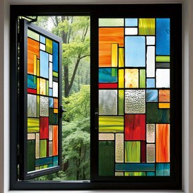 Resim 1 Rulo Boyalı Cam Stili Geometrik Desenli Pencere Filmi, 45×100cm, Mat PVC Malzeme, Statik Adsorpsiyon Dekoratif Pencere Filmi, Yapışmaz Cam Pencere Stickerı, Ev/Ofis/Oda/Banyo/Mutfak/Kapı ve Pencere için Uygun 