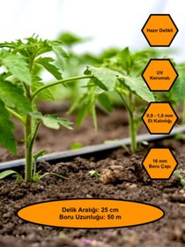 Resim MRT PLASTİK 16 mm ÇAPLI, 25 mm DELİK ARALIKLI DAMLAMA HORTUMU (DELİKLİ) 50 metre 