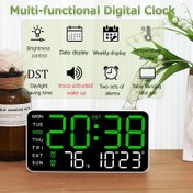 Resim Temperatür, Tarih ve Hafta Gösterim Özellikli Ses Kontrollü Dijital Duvar Saati - Çift Alarm, 12/24H, DST, Parlaklık Ayarlı, USB Güçlü, ABS Plastik, Renkli İkonlar (AAA Piller Dahil Değildir), Modern Estetik, Çok Fonksiyonlu Cihaz 
