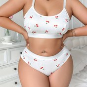 Resim Kadınlar İçin Beyaz Kiraz Desenli Kablosuz Sütyen ve Külot Takımı, Rahat Şirin İnce Nefes Alabilen Büyük Beden İç Çamaşırı 