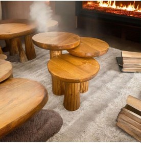 Resim Wood Wooden Ahşap 3 Lü Set Fitilli Mantar Yan Sehpa Modern Tik Ağacı Renk Fiskos Kahverengi 