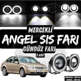 Resim Vw Bora 1998-2006 Uyumlu Mercekli Angel Sis Farı Metal 76 Mm Beyaz Halkalı Gündüz Farı 2 Adet 