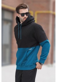 Resim Madmext Siyah Kapüşonlu Renk Bloklu Baskı Detaylı Erkek Sweatshirt 7046 Siyah 