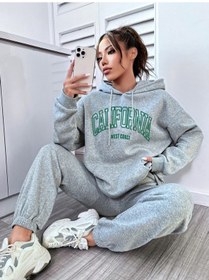 Resim Unisex California Baskılı Kapüşonlu Sweatshirt + Eşofman Altı Jogger Eşofman Takımı Gri 