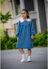 Resim Yeni Sezon Kız Çocuk Örgü Bebe Yaka Uzun Kollu Kot Elbise Mavi 