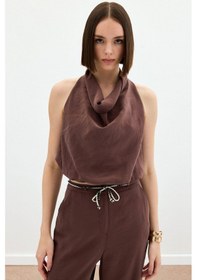 Resim Sateen Degaje Yaka Bluz - Kahve Kahve 
