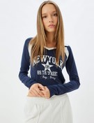 Resim Polo Yaka Tişört Crop Uzun Kollu Kolej Baskılı Slim Fit 