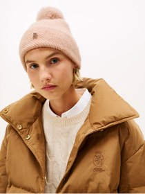 Resim Tommy Hilfiger Kadın TH Metalik Logolu Üstü Ponponlu Esnek Yün Karışımlı Örgü Pembe Bere 