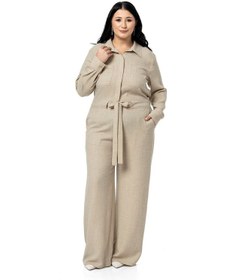 Resim Büyük Beden Beli Tünelli Ve Arkadan Lastikli Geniş Paça Bej Rengi Tulum Bej 