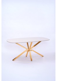 Resim Çapraz Kum Beji High Gloss Yemek Masası 90 160 Cm Sarı 