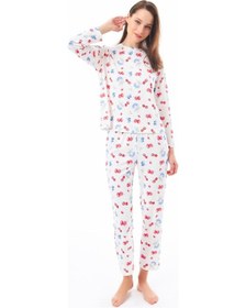 Resim Cottonhill Premium Yazlık Kadın Pijama Takımı Meyve Desenli Yumuşak Dokulu Bisiklet Yaka Uzun Kollu Krem 