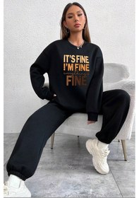 Resim Unisex Fine Baskılı Bisiklet Yaka Eşofman Takımı Siyah 