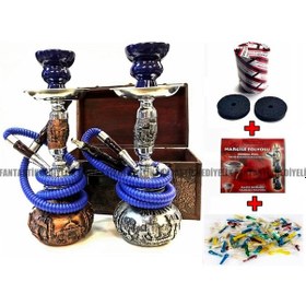 Resim Polyester Kaplama Ahşap Çanta Küçük Nargile Takımı Full Set 30Cm 