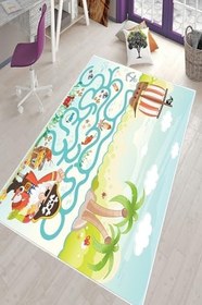 Resim Pelangi Mavi Korsan Ve Hazine Desenli Yıkanabilir Kaymaz Taban Leke Tutmazbebek Ve Çocuk Odası Halısı, Yeşil-Mavi 160 x 300, 901357069160300 