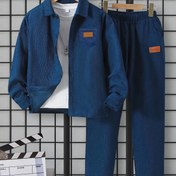 Resim Erkek Çocuklar İçin İlkbahar/Sonbahar Günlük Kot Kıyafet Seti - Göğüs Cebi ve Elastik Bel Düz Paça Pantolonlu Uzun Kollu Düğmeli Ceket, Rahat Polyester, Makinede Yıkanabilir, Dış Mekanlar İçin Mükemmel 