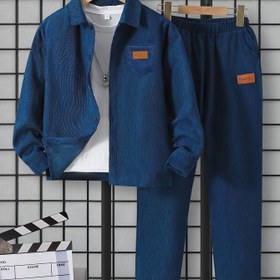 Resim Erkek Çocuklar İçin İlkbahar/Sonbahar Günlük Kot Kıyafet Seti - Göğüs Cebi ve Elastik Bel Düz Paça Pantolonlu Uzun Kollu Düğmeli Ceket, Rahat Polyester, Makinede Yıkanabilir, Dış Mekanlar İçin Mükemmel 
