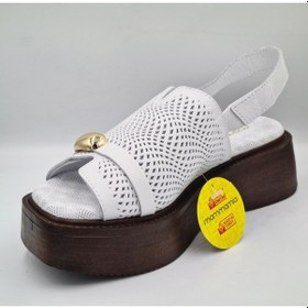 Resim Mammamia D26ys-2920 Beyaz Hakiki Deri Lastikli Kalın Taban 3cm Topuk 5cm Kadın Sandalet 