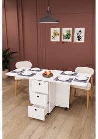 Resim Asra Trend KM-100 %100 MDF 168x70 cm Katlanır Akıllı Mutfak Masası 3 Çekmeceli Tekerlekli Servis Masası Beyaz 