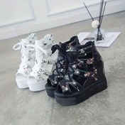 Resim Kadın Moda Platform Sandaletler, Çiçek Desenli Açık Burunlu Kesik Topuklu Sandaletler, Tüm Kombinlere Uygun Ön Dantel ve Arka Fermuarlı Sandaletler 