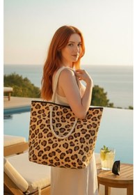 Resim Leopar Desenli Büyük Boy Piknik Ve Plaj Çantası Halat Saplı 48x36x18 Cm Leopar 