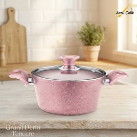 Resim Arzu Çelik 24 Cm Granit Derin Tencere Cam Kapak - Pembe 