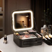 Resim Kozmetik Organizer Çantası LED Aydınlatma, Ayna ve Üç Renk Ayarı Özellikli, Kadınların Güzellik Araçlarını ve Aksesuarlarını Saklamak için Tasarlandı. Şarj Edilebilir ve Seyahat için Mükemmel. 