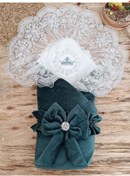 Resim Yenidoğan Saray Kadife Taç Nakışlı İnci Fiyonklu Dantel Duvak Trilüks Kundak Bebek Battaniye Yeşil 