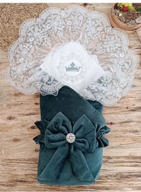 Resim Yenidoğan Saray Kadife Taç Nakışlı İnci Fiyonklu Dantel Duvak Trilüks Kundak Bebek Battaniye Yeşil 