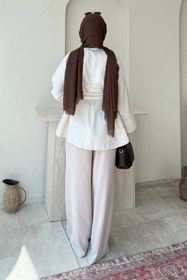 Resim Tesettür Diyarı Dekta Cotton Kumaş Broş Kemerli Tesettür Gömlek- Krem Standart (38-42 Uyumlu) 